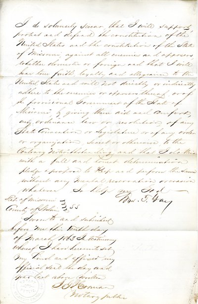 Serment de loyauté de Wm. T. Gay du Missouri, Comté de St. Louis - W.T. Gay