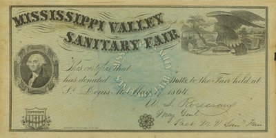 Certificat de contribution illustré vierge pour les dons faits à la Foire sanitaire de la vallée du Mississippi, 7 mai 1864 - W. A. Rosecrans