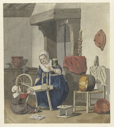 Intérieur avec une femme filant et un enfant - W. Barthautz