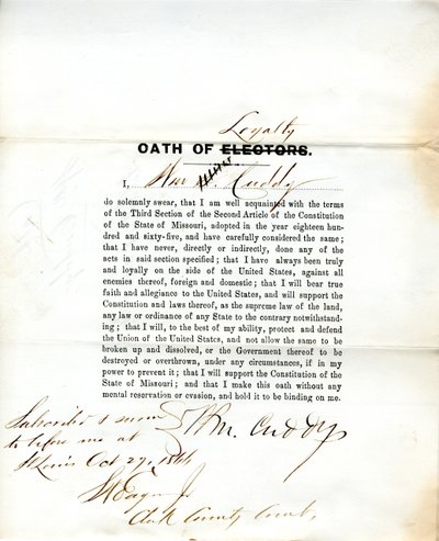 Serment de loyauté de Wm. Cuddy du Missouri, Comté de St. Louis - W. Cuddy