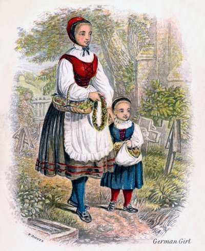 Deux filles allemandes avec des paniers de fleurs, 1809 - W. Dickes