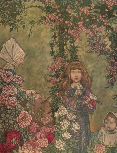 La femme du paysan assise le dimanche à la porte de son cottage lisant son livre de cantiques, vers 1930 - William Heath Robinson