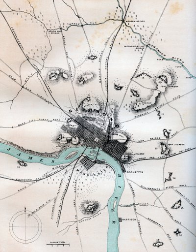 Carte de Richmond et de ses environs montrant toutes les batteries, 1862-1867 - W Kemble