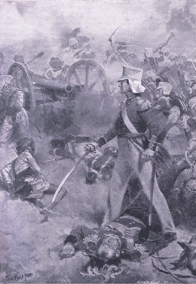 Chilianwala, 13 janvier 1849 : Le corps de Pennycuick gardé par son fils, illustration de British Battles on Land and Sea, 1915 - Wal Paget