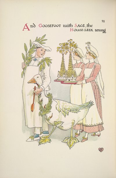 Un chef tenant une oie. Deux dames portant des plateaux - Walter Crane