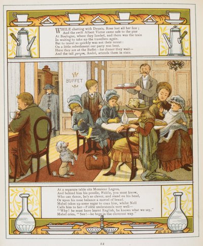 Une famille prenant des rafraîchissements dans un buffet. Illustration en couleur de 