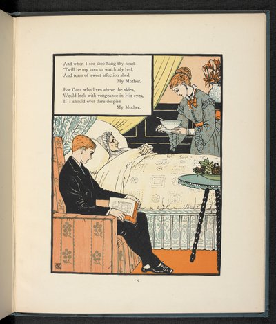 Un jeune homme assis avec sa mère, qui est au lit, nourrie de soupe - Walter Crane