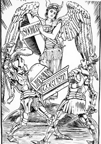 Allégorie de Walter Crane : Le socialisme triomphe durement de la lutte entre le libéralisme et le torysme (Parti conservateur anglais). Gravure de la fin du XIXe siècle. - Walter Crane