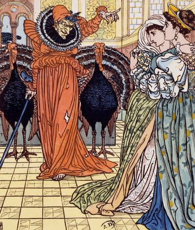Apparition de sorcière accompagnée de deux paons, gravure d