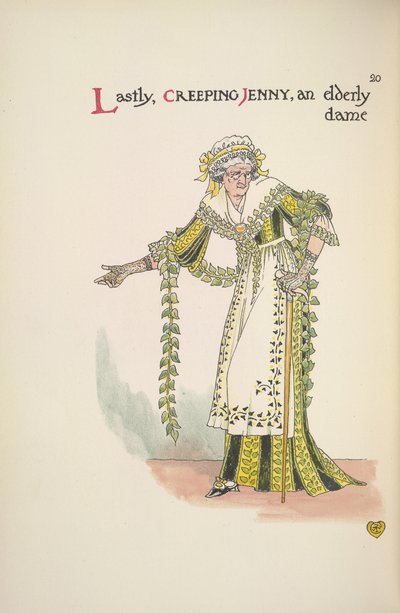 Jenny Rampante. Une vieille dame utilisant une canne - Walter Crane