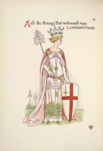 La Fierté de Londres. Une jeune femme tenant un bouclier avec la croix de Saint-Georges - Walter Crane