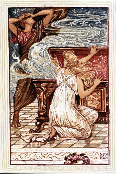 Pandore ouvrant la boîte. Illustration de Walter Crane pour « Wonder book for girls and boys », Londres 1893. - Walter Crane