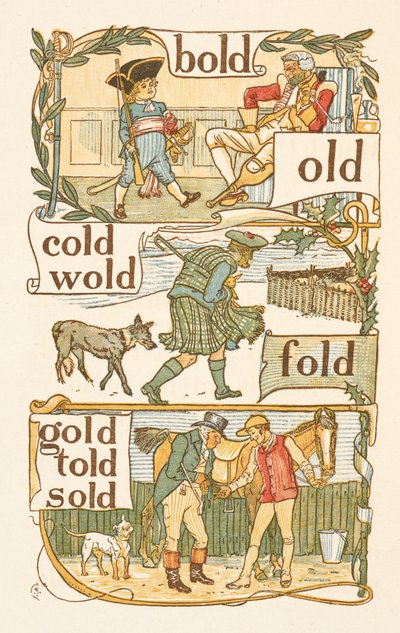 Mots rimant se terminant par la lettre D. Un garçon habillé en soldat. Un Écossais. Un jockey. Le Golden Primer - Walter Crane
