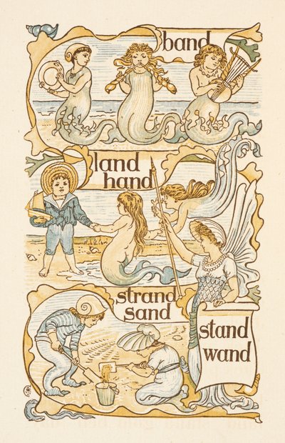Mots rimant se terminant par la lettre D. Sirènes. Enfants construisant des châteaux de sable sur une plage. Le primer doré - Walter Crane