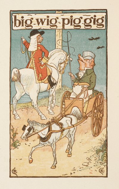 Mots rimant se terminant par la lettre G. Une illustration montrant un cochon chevauchant un cheval, et un autre conduisant une charrette. Le Golden primer. - Walter Crane