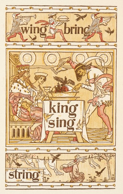 Mots rimant se terminant par la lettre G. Merles dans une tarte. Une corde à linge. Le primer doré - Walter Crane