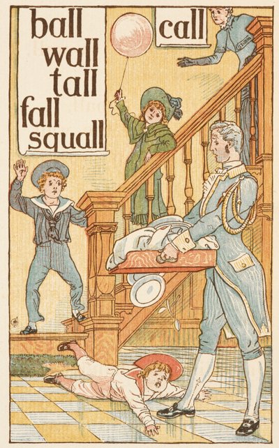 Mots rimant se terminant par la lettre L. Enfants et un majordome. Le Golden primer. - Walter Crane