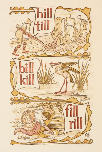 Mots rimant se terminant par la lettre L. Labourage. Une cigogne. Le Golden primer. - Walter Crane