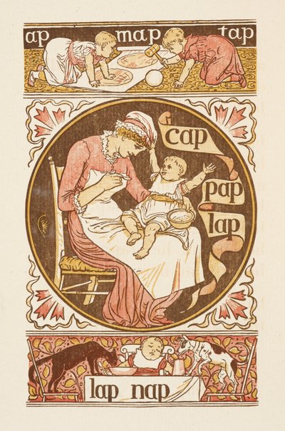 Mots rimant se terminant par la lettre P. Une illustration montrant une femme nourrissant un enfant. Le primer doré - Walter Crane