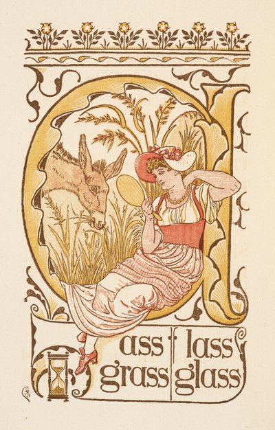 Mots rimant se terminant par la lettre S. Une femme tenant un miroir à main. Le Golden primer. - Walter Crane
