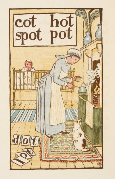 Mots rimant se terminant par la lettre T. Une illustration montrant une infirmière faisant bouillir une marmite pour un enfant malade. Le Golden primer. - Walter Crane