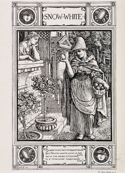 Blanche-Neige et la sorcière tendant sa pomme - dans « Contes de la maison des frères Grimm », traduit de l