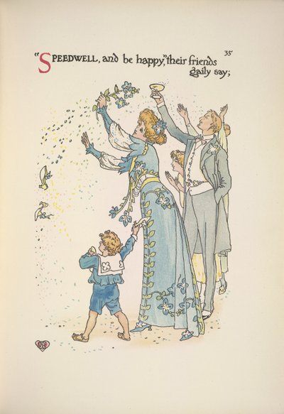 Speedwell. Les invités du mariage jetant des confettis - Walter Crane