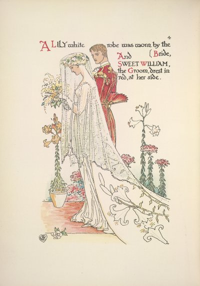 Les mariés. Une robe blanche portée par la mariée, et Sweet William, le marié, habillé en rouge - Walter Crane