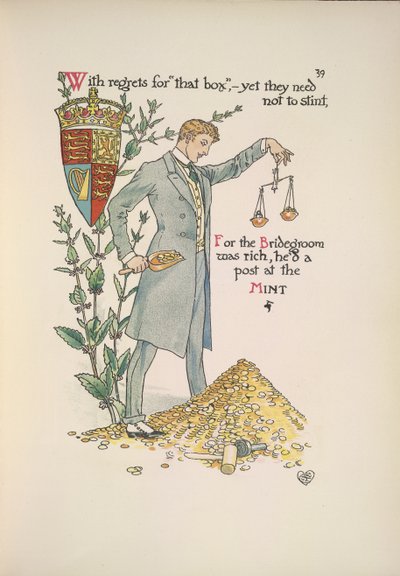 Le marié tenant une paire de balances mesurant sa richesse - Walter Crane