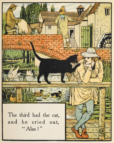 Le troisième avait le chat, et il cria, "hélas!". Le fils du meunier et son chat - Walter Crane