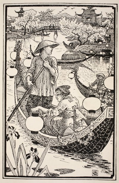 Quand le soir est venu, ils sont remontés dans leur bateau, le couronnant de fleurs de la proue à la poupe, illustration de 