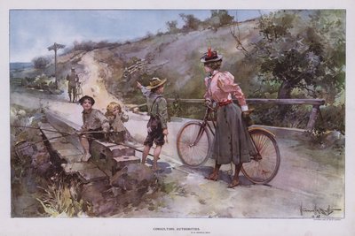 Consulter les autorités : femme en promenade à vélo demandant des directions à un groupe d