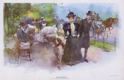 Matin de Pâques : femme se promenant avec son chien de compagnie (lithographie en couleur) - Walter Granville Smith