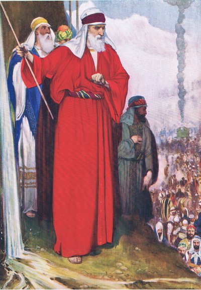 Frappe du rocher à Meriba, de The Bible Picture Book publié par Thomas Nelson, vers 1950 - Walter Grieve