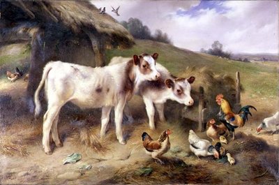Veaux et volailles devant une grange - Walter Hunt