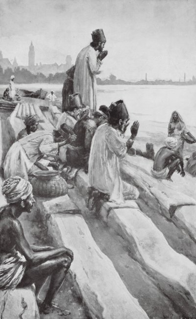 Parsis adorant le soleil levant sur la plage de Bombay - Walter Paget