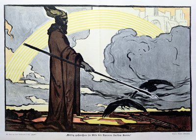 Odin avec ses deux corbeaux, Hugin (pensée) et Munin (mémoire) - Walter Puttner