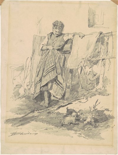 Femme regardant des chiots - Walter Shirlaw