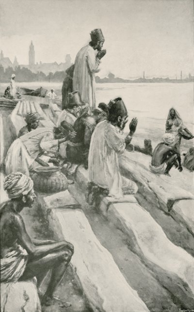 Parsis adorant le soleil levant sur la plage de Bombay - Walter Stanley Paget