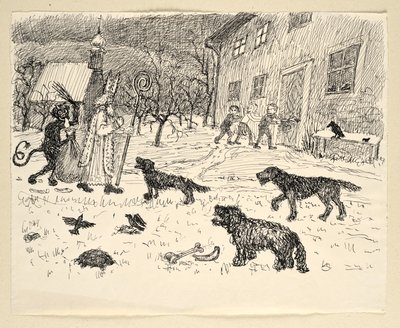 Saint Nicolas et Krampus dans le paysage avec les enfants - Walther Gamerith