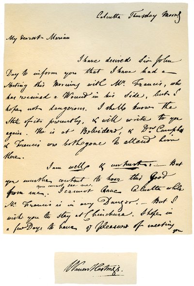 Lettre de Warren Hastings, Gouverneur général du Bengale à sa femme, 17 août 1780 - Warren Hastings