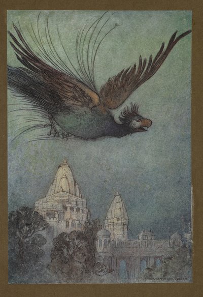 Planche 10: "Un oiseau monstrueux sort apparemment du palais", de Folk-Tales of Bengal ... Avec 32 illustrations en couleur par Warwick Goble (Edition de luxe.) 1914 - Warwick Goble