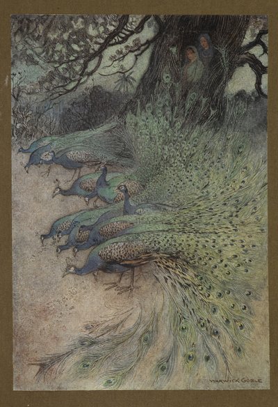 Planche 11: "Des centaines de paons aux plumes magnifiques vinrent aux remblais pour manger le khai", de Folk-Tales of Bengal ... Avec 32 illustrations en couleur par Warwick Goble (Édition de luxe) - Warwick Goble