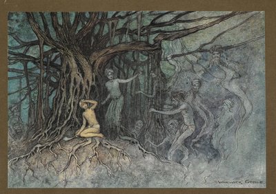 "Au moment où le premier coup fut donné, de nombreux fantômes se précipitèrent vers le Brahmane", de "Folk-Tales of Bengal ... Avec 32 illustrations en couleur par Warwick Goble (Edition de luxe) - Warwick Goble