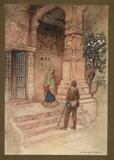 Planche 1: "La reine Suo est allée à la porte avec une poignée de riz." de Contes populaires du Bengale ... Avec 32 illustrations en couleur par Warwick Goble. (Édition de luxe.) - Warwick Goble