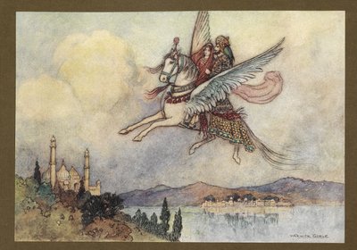 Planche 20: "La dame, le roi et Hiraman ont tous atteint la capitale du roi sains et saufs", de Contes populaires du Bengale ... Avec 32 illustrations en couleur par Warwick Goble (Édition de luxe.) - Warwick Goble