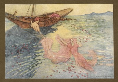 Planche 22: "En remontant à la surface, ils montèrent dans le bateau", de Folk-Tales of Bengal ... Avec 32 illustrations en couleur par Warwick Goble (Édition de luxe) - Warwick Goble