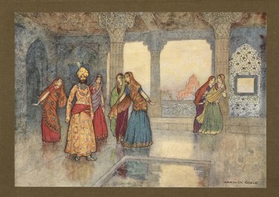 Planche 25: "Les six reines ont essayé de le réconforter", de Contes populaires du Bengale ... Avec 32 illustrations en couleur par Warwick Goble. (Édition de luxe.) 1914 (lithographie en couleur) - Warwick Goble