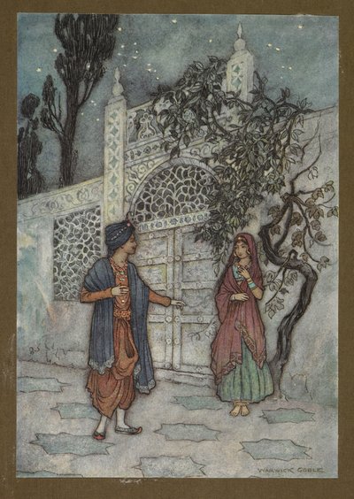 "Le prince ressuscita, et en se promenant, il vit une figure humaine près de la porte", de Folk-Tales of Bengal... Avec 32 illustrations en couleur par Warwick Goble - Warwick Goble