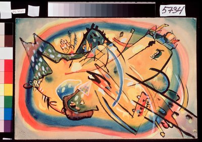 Composition, Paysage. Représentation colorée, non représentative, où apparaissent des édifices et des montagnes. Œuvre de Vassily Kandinsky - Wassily Kandinsky